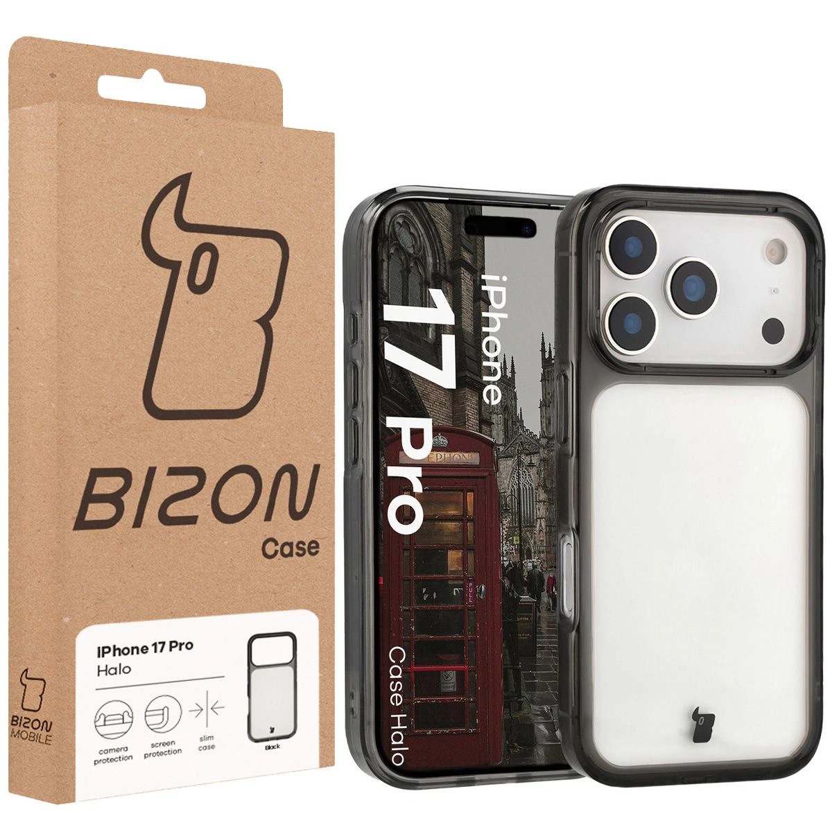 Fața cutiei Bizon Case cu eticheta dedicată pentru Apple iPhone 17 Pro