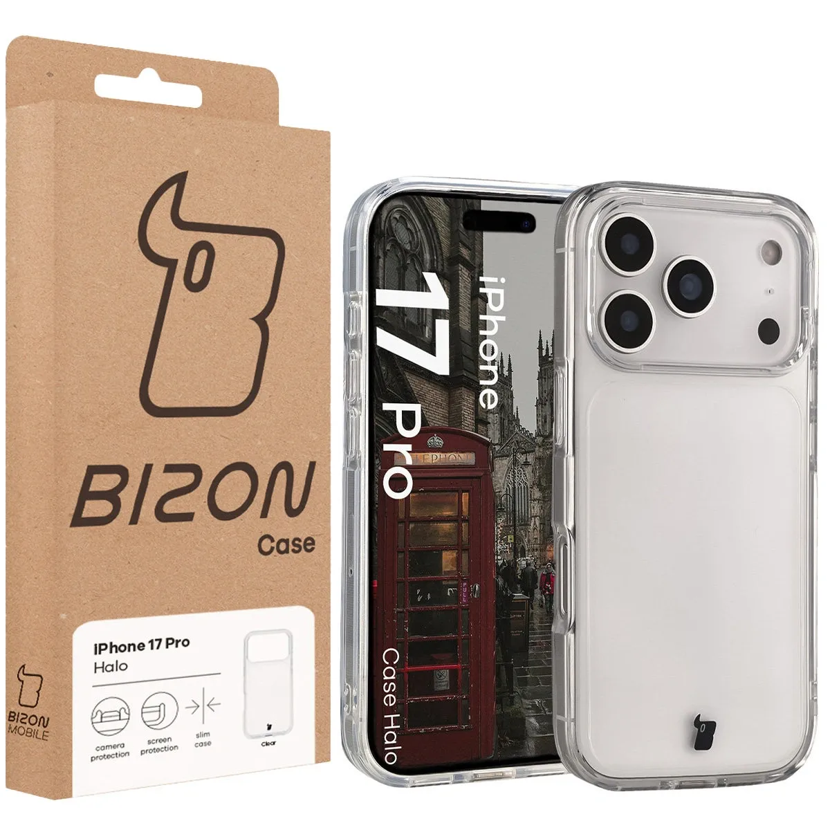 Przód pudełka Bizon Case z dedykowaną etykietą do Apple iPhone 17 Pro
