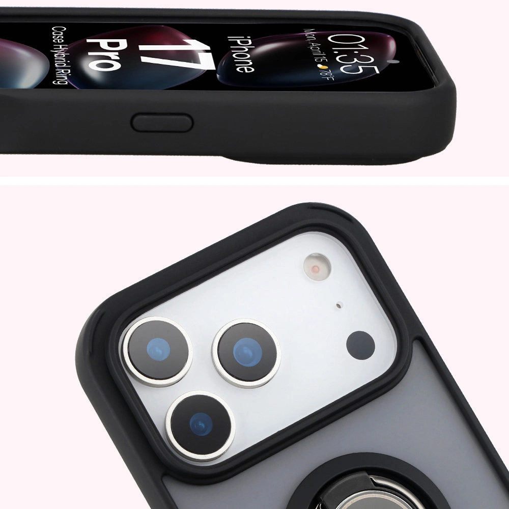 Zbliżenie na podwyższone krawędzie przy wyświetlaczu i wyspie aparatu w etui Bizon Hybrid Ring do Apple iPhone 17 Pro