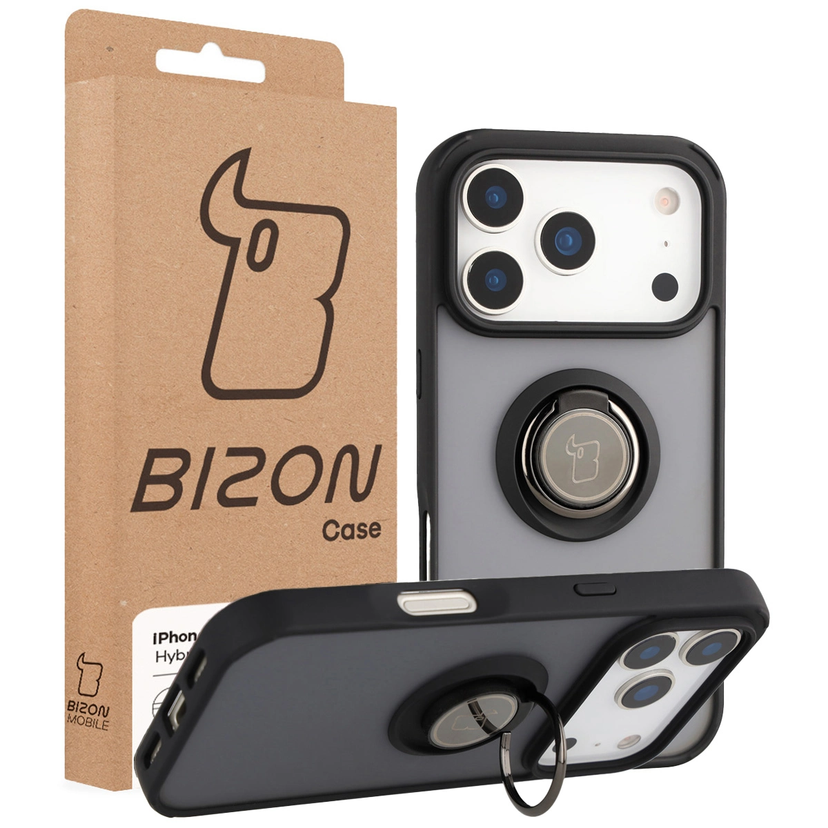 Przód pudełka Bizon Case z dedykowaną etykietą do Apple iPhone 17 Pro