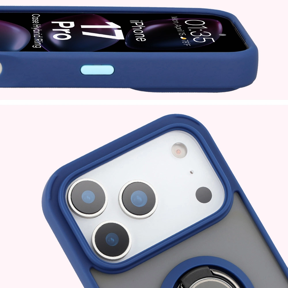 Zbliżenie na podwyższone krawędzie przy wyświetlaczu i wyspie aparatu w etui Bizon Hybrid Ring do Apple iPhone 17 Pro