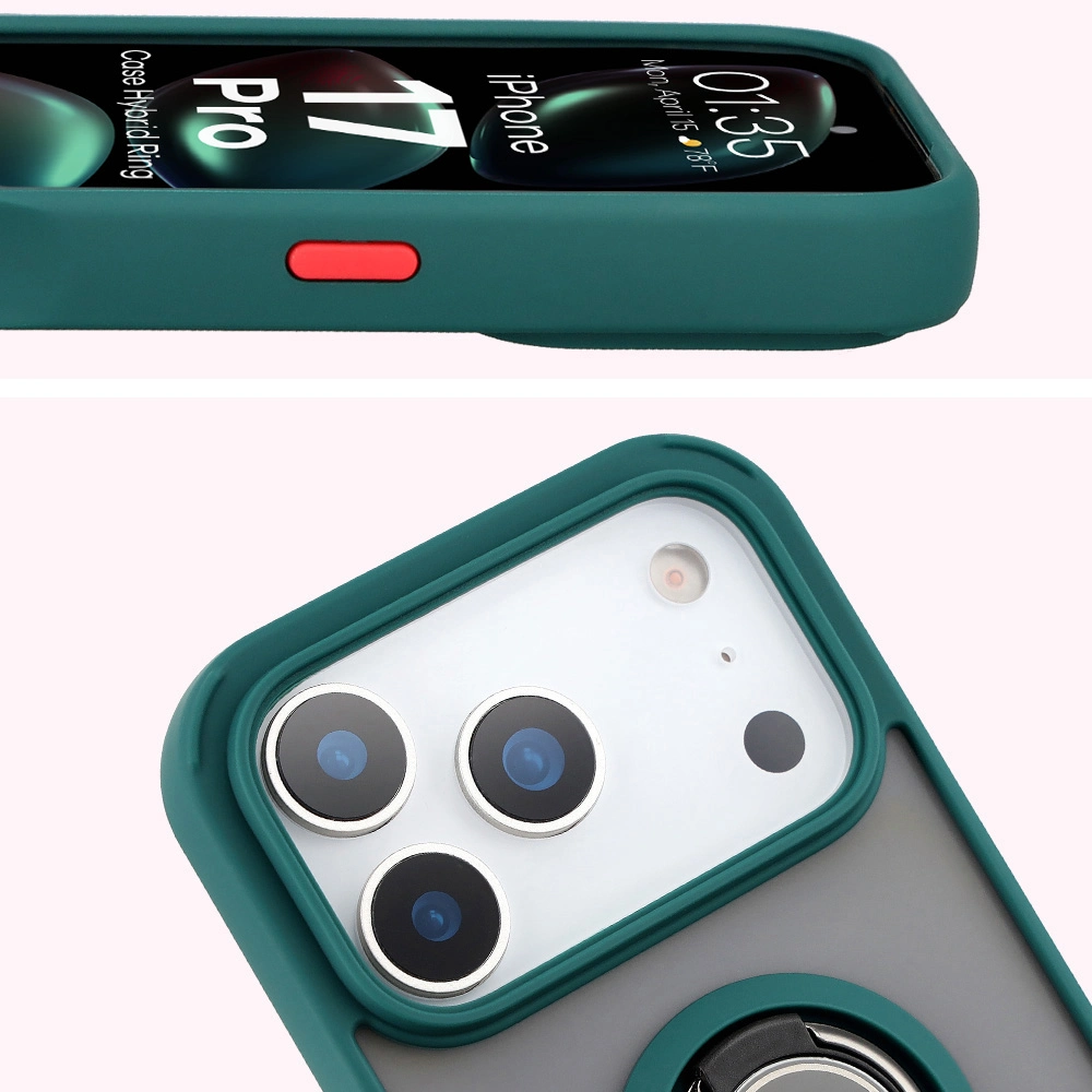 Zbliżenie na podwyższone krawędzie przy wyświetlaczu i wyspie aparatu w etui Bizon Hybrid Ring do Apple iPhone 17 Pro