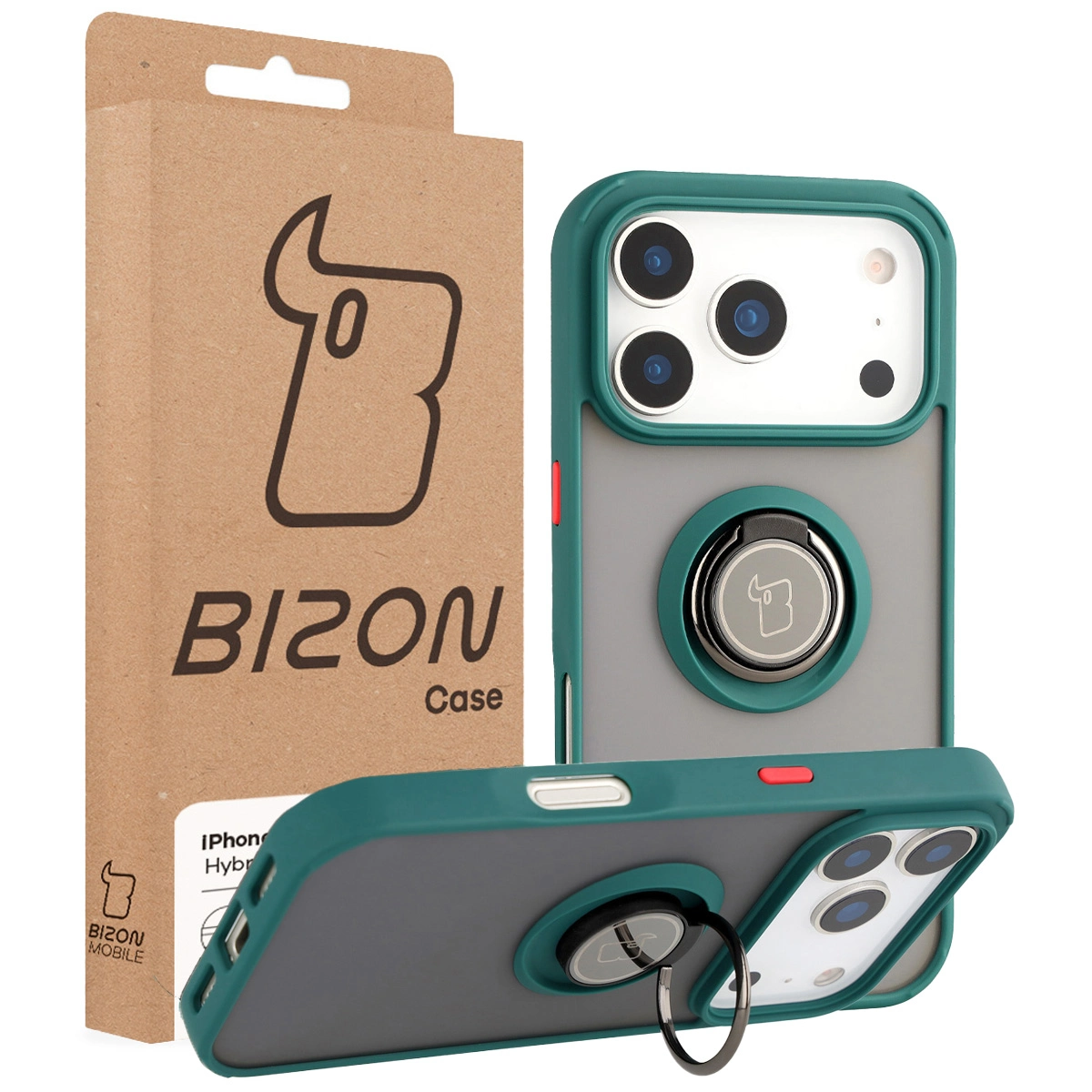 Przód pudełka Bizon Case z dedykowaną etykietą do Apple iPhone 17 Pro