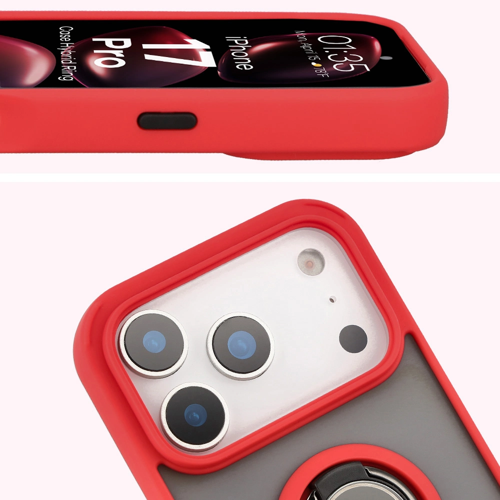 Zbliżenie na podwyższone krawędzie przy wyświetlaczu i wyspie aparatu w etui Bizon Hybrid Ring do Apple iPhone 17 Pro