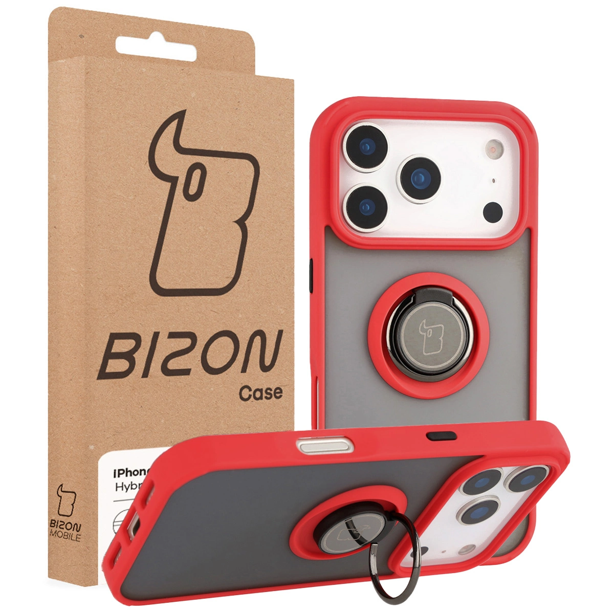 Przód pudełka Bizon Case z dedykowaną etykietą do Apple iPhone 17 Pro