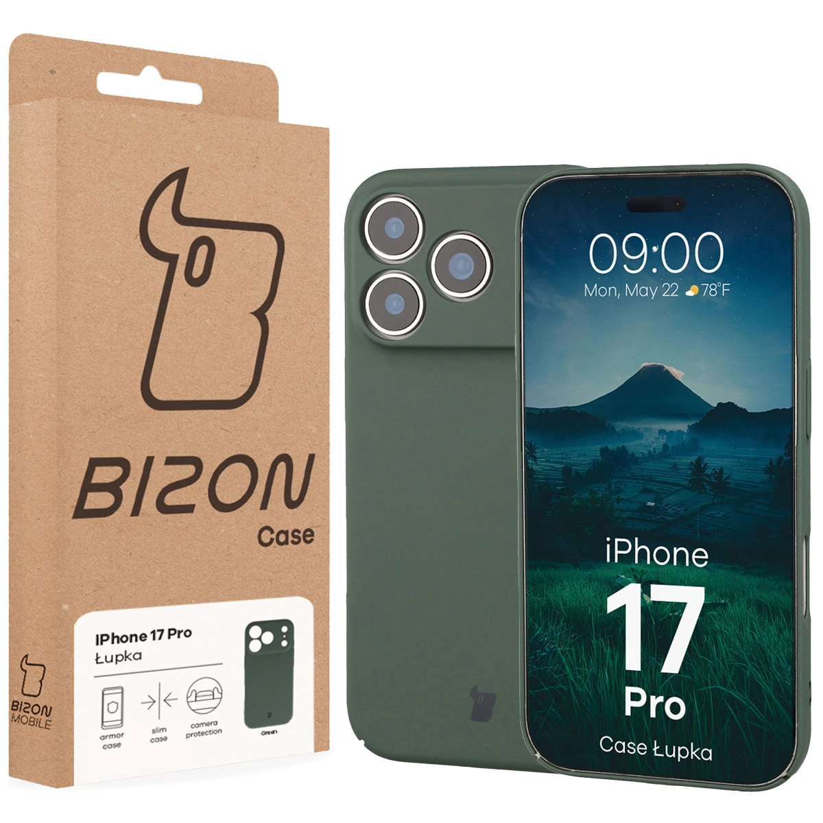 Fața cutiei Bizon Case cu eticheta dedicată pentru Apple iPhone 17 Pro
