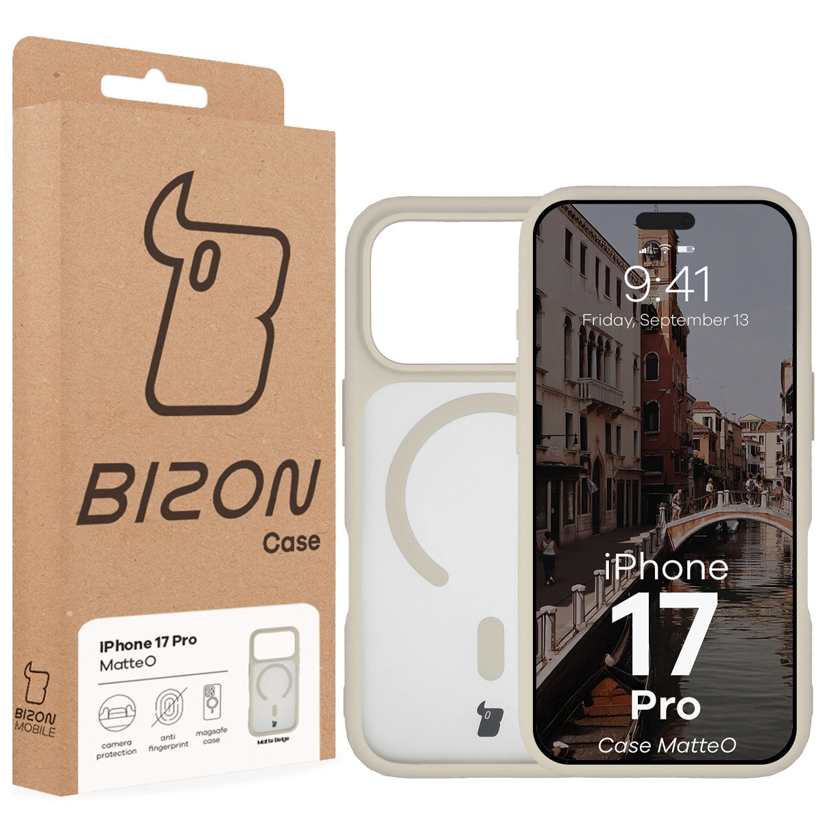 Przód pudełka Bizon Case z dedykowaną etykietą do Apple iPhone 17 Pro