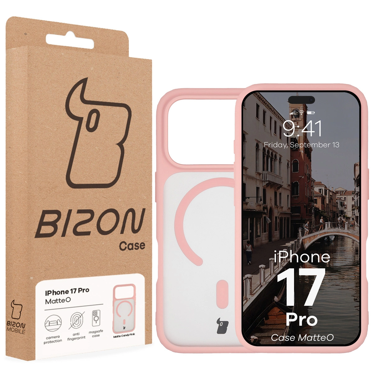 Przód pudełka Bizon Case z dedykowaną etykietą do Apple iPhone 17 Pro