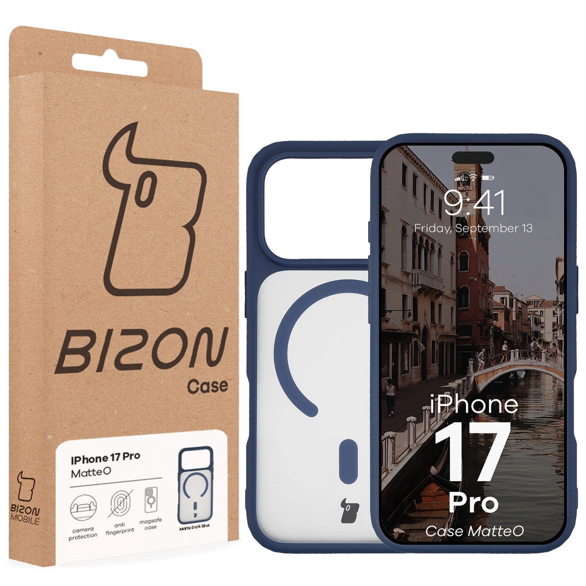 Przód pudełka Bizon Case z dedykowaną etykietą do Apple iPhone 17 Pro