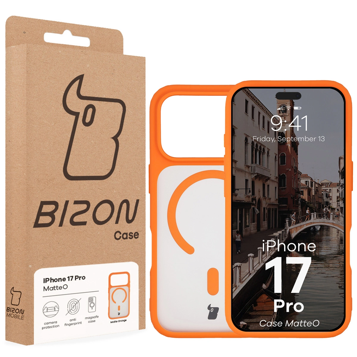 Przód pudełka Bizon Case z dedykowaną etykietą do Apple iPhone 17 Pro