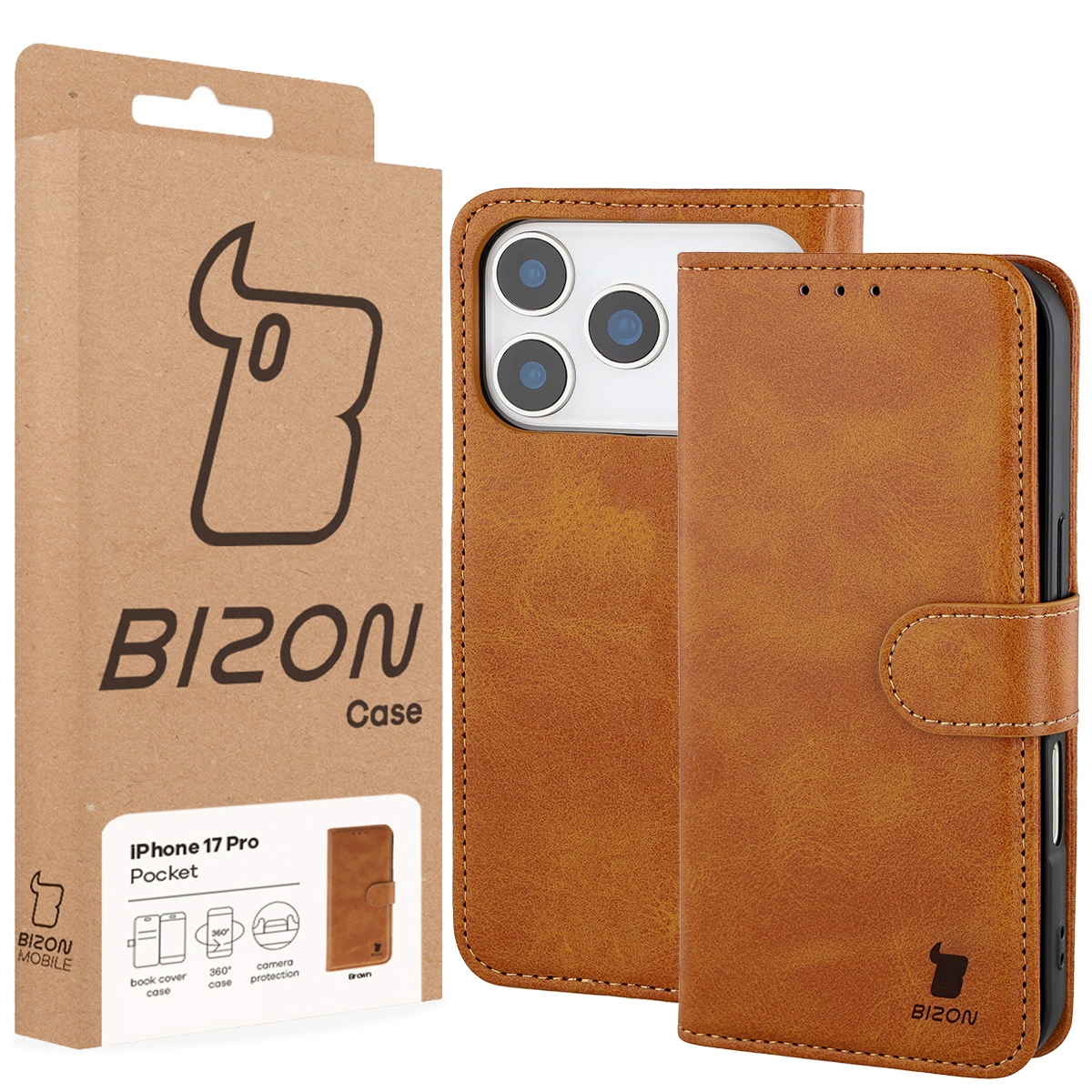 Fața cutiei Bizon Case cu eticheta dedicată pentru Apple iPhone 17 Pro