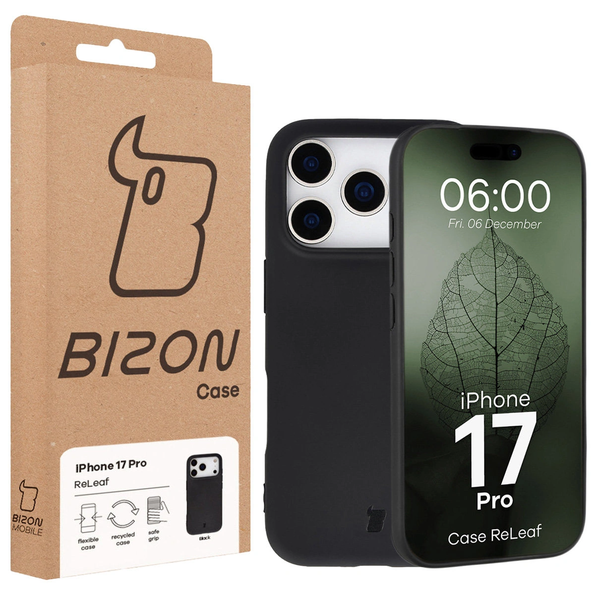 Front of the Bison Case box with a dedicated label for Apple iPhone 17 Pro