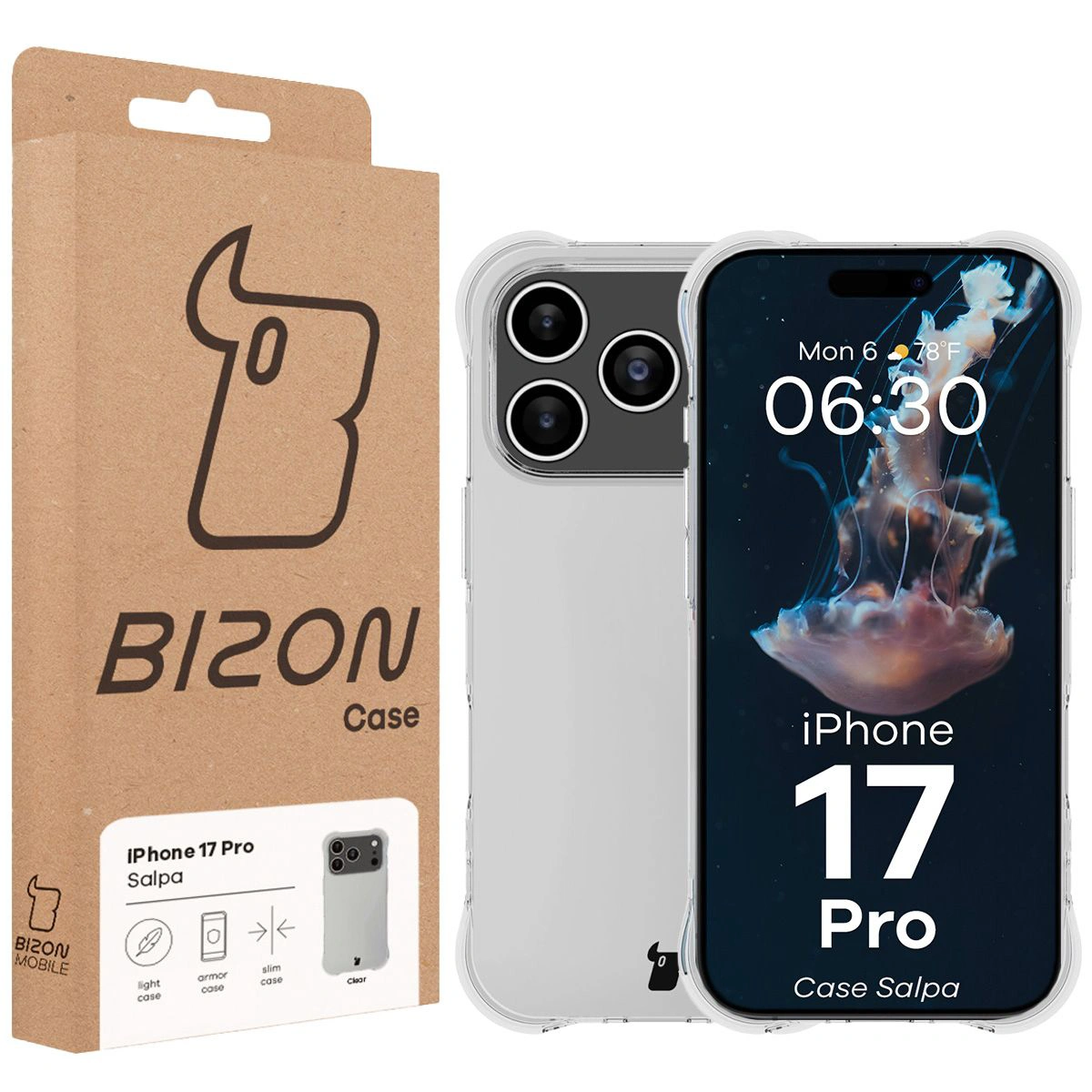 Przód pudełka Bizon Case z dedykowaną etykietą do Apple iPhone 17 Pro