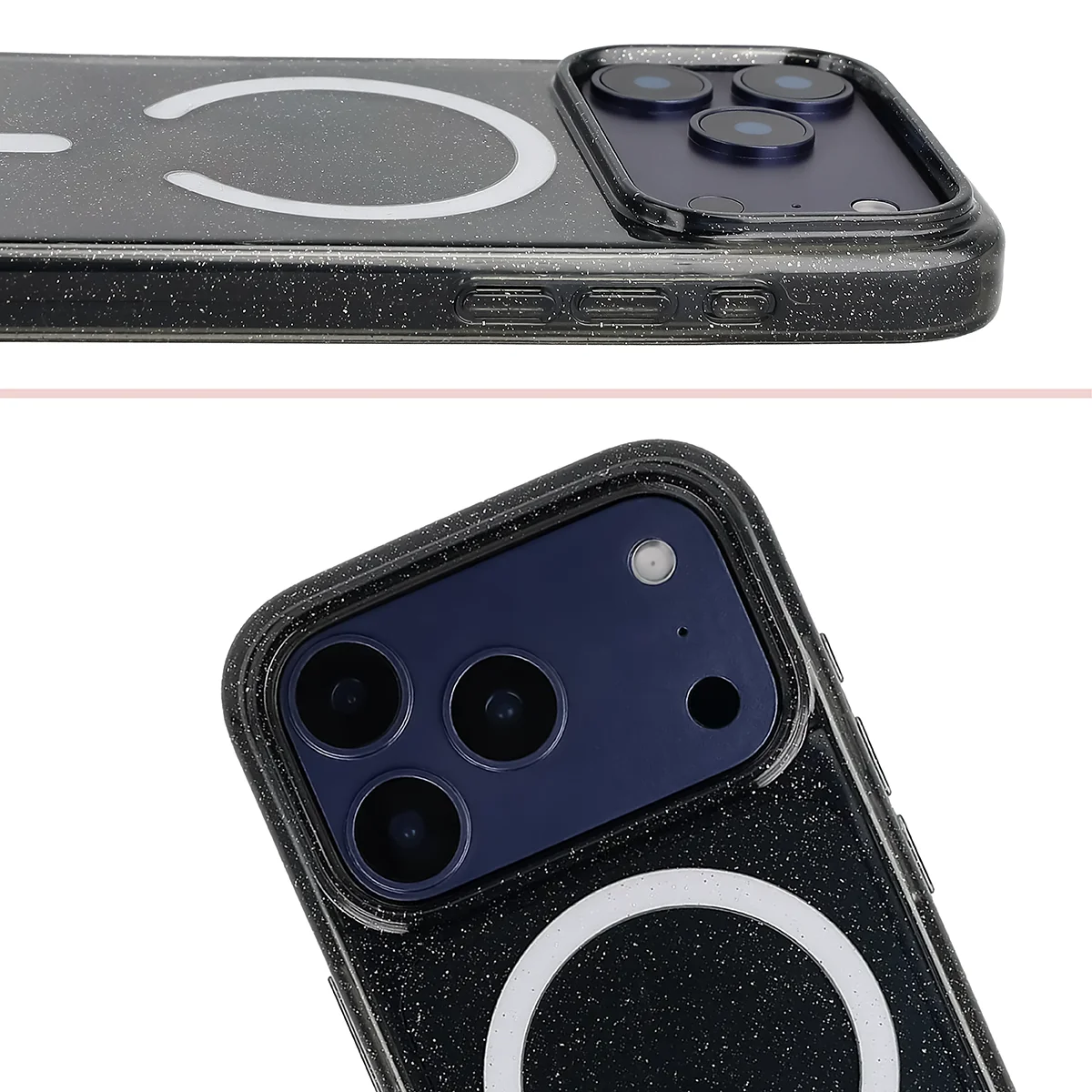 Podwyższone krawędzie aparatu i duże wycięcie w etui Bizon Case SparklO do Apple iPhone 17 Pro