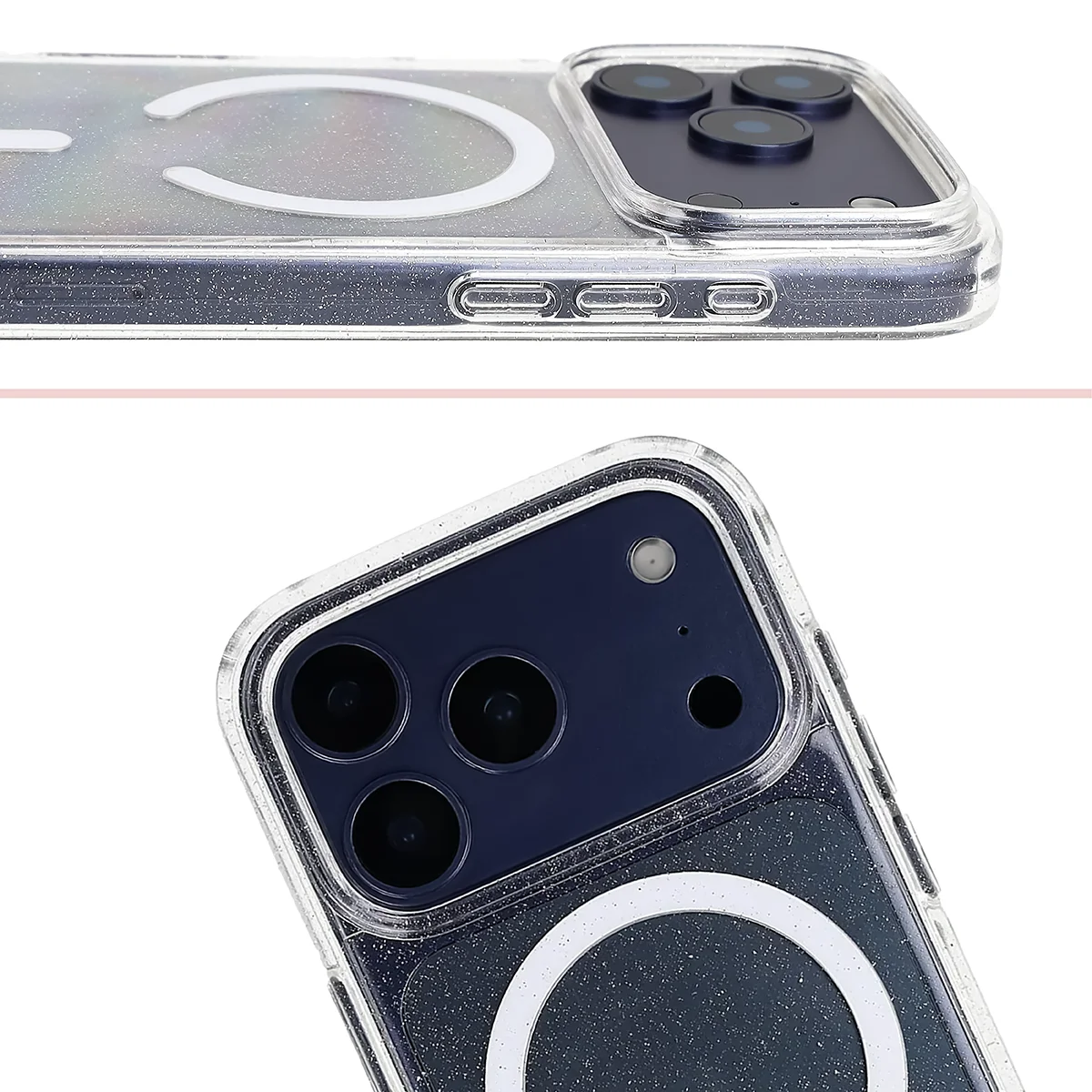 Podwyższone krawędzie aparatu i duże wycięcie w etui Bizon Case SparklO do Apple iPhone 17 Pro