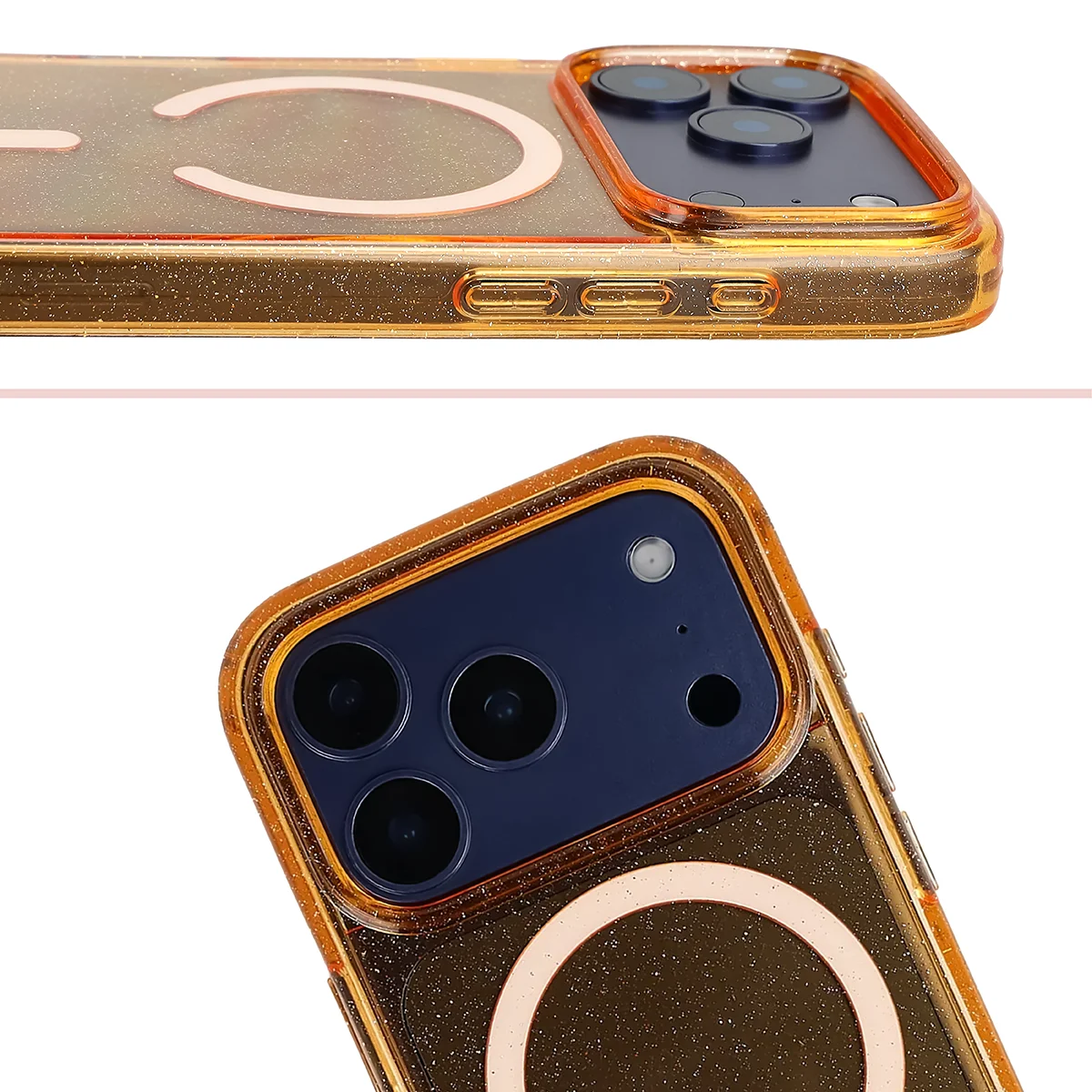 Podwyższone krawędzie aparatu i duże wycięcie w etui Bizon Case SparklO do Apple iPhone 17 Pro