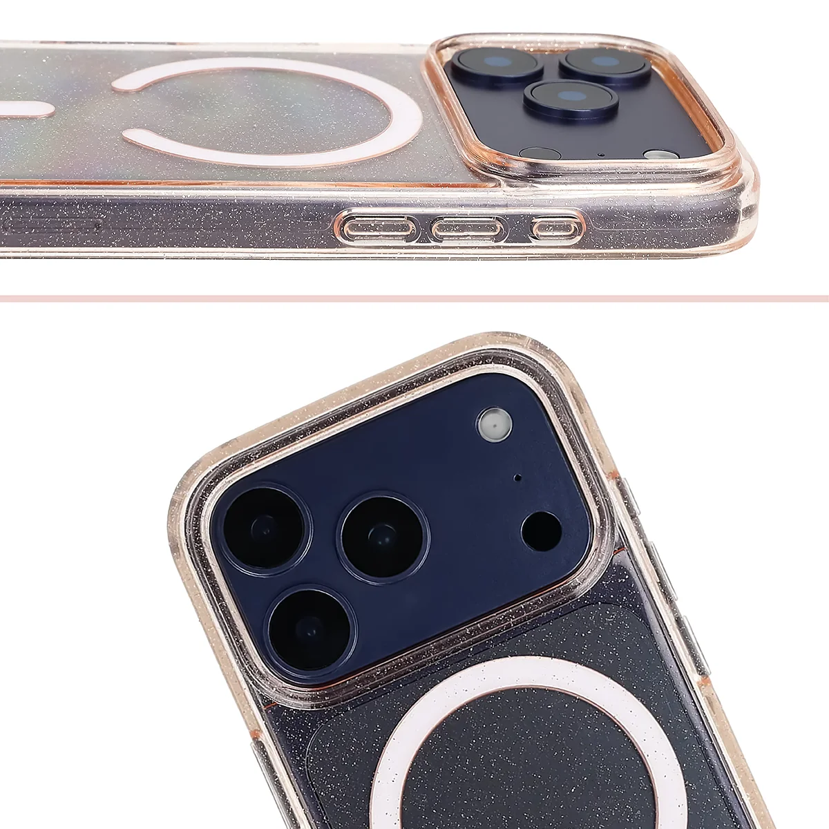 Podwyższone krawędzie aparatu i duże wycięcie w etui Bizon Case SparklO do Apple iPhone 17 Pro