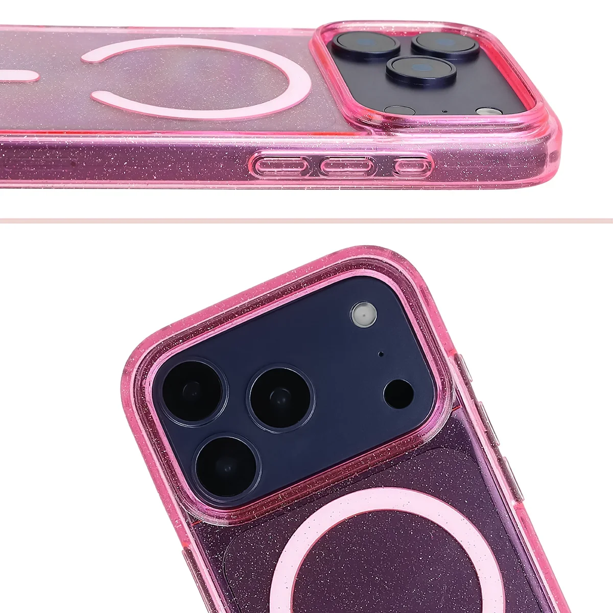 Podwyższone krawędzie aparatu i duże wycięcie w etui Bizon Case SparklO do Apple iPhone 17 Pro