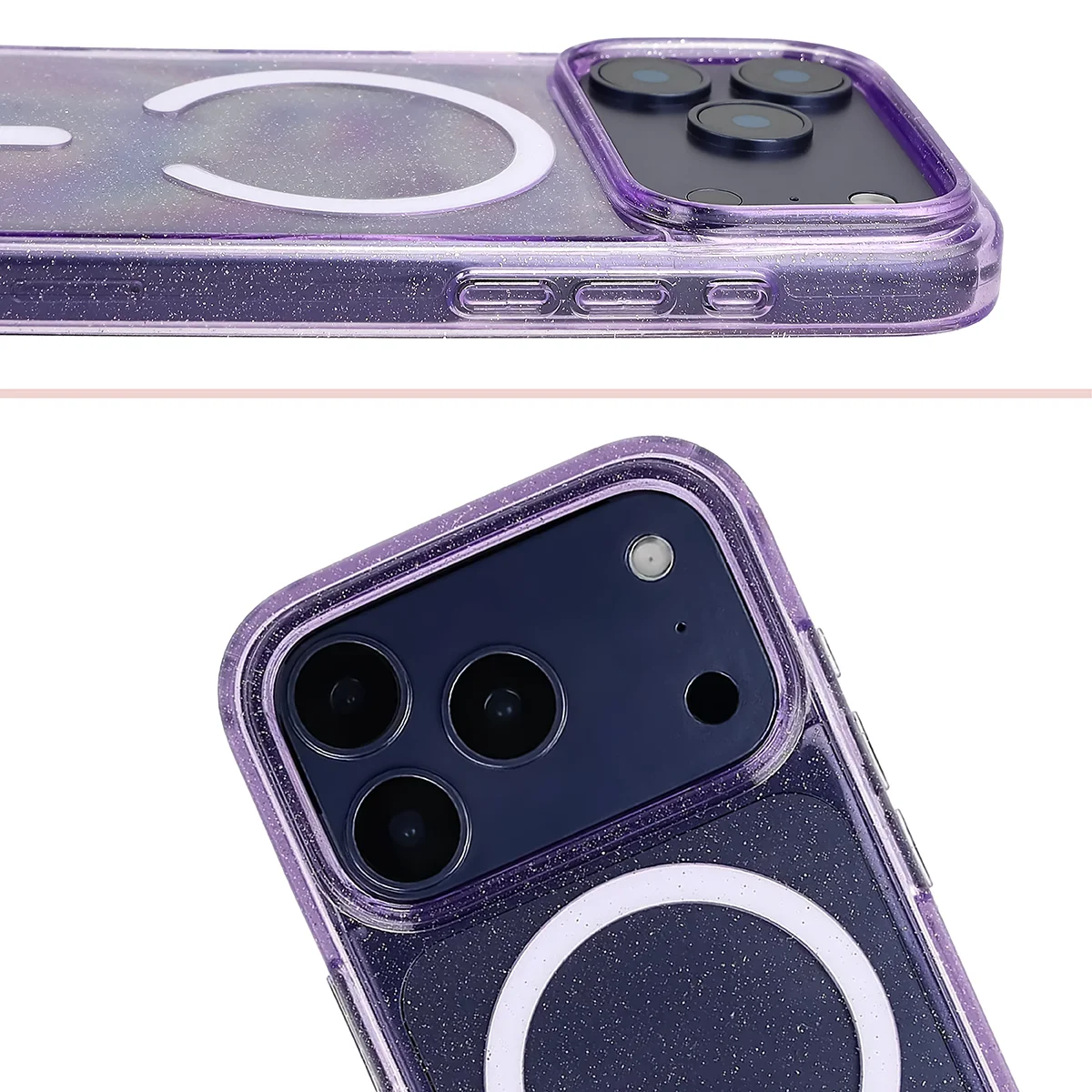 Podwyższone krawędzie aparatu i duże wycięcie w etui Bizon Case SparklO do Apple iPhone 17 Pro