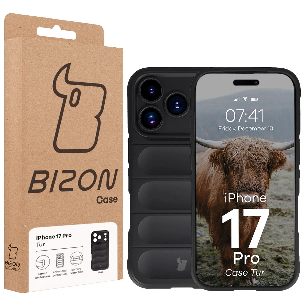 Przód pudełka Bizon Case z dedykowaną etykietą do Apple iPhone 17 Pro