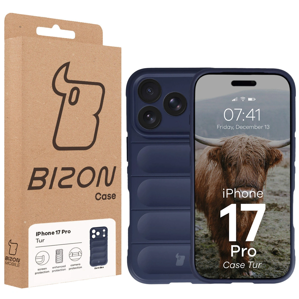 Przód pudełka Bizon Case z dedykowaną etykietą do Apple iPhone 17 Pro