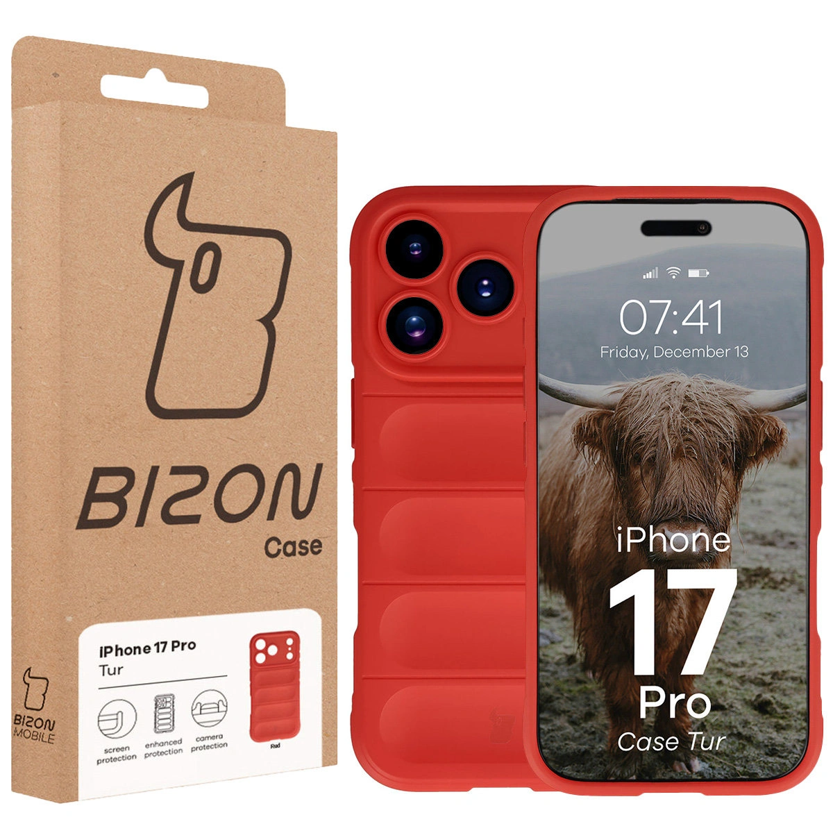 Przód pudełka Bizon Case z dedykowaną etykietą do Apple iPhone 17 Pro