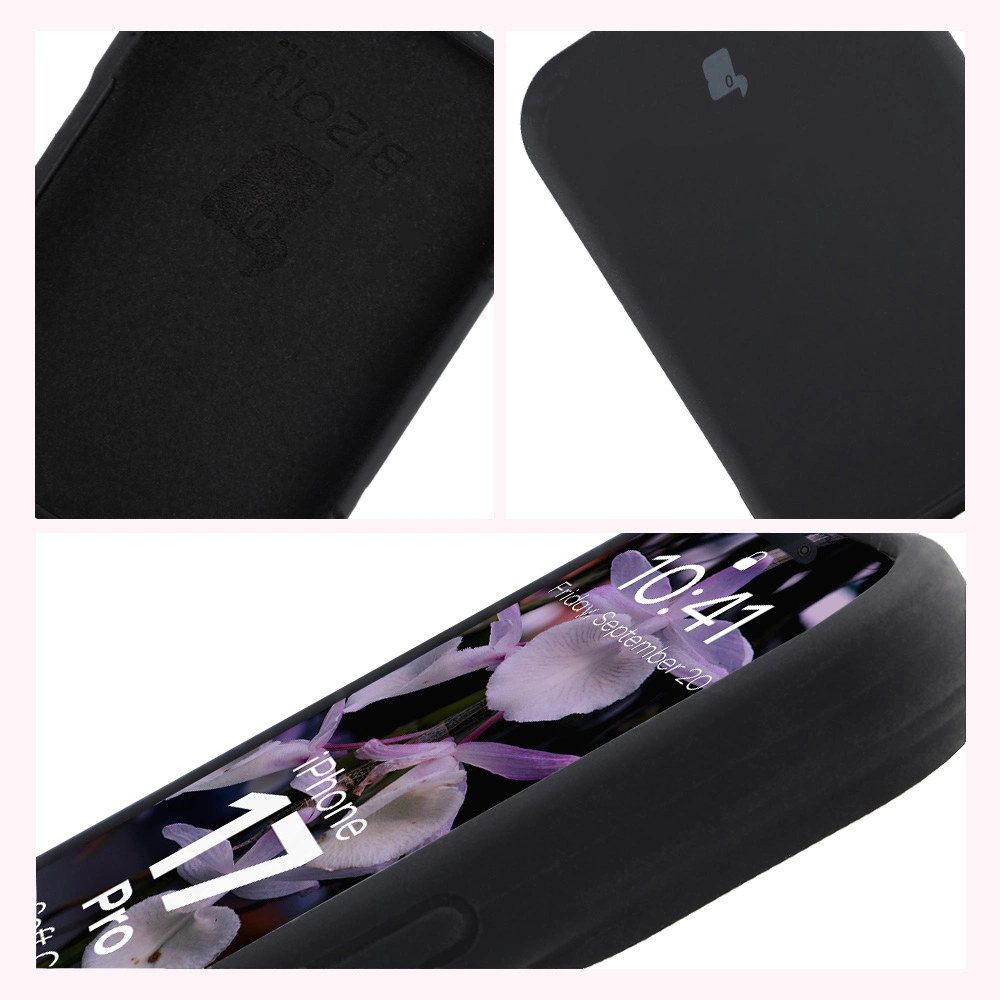 Konstrukcja etui Bizon Soft Case: zintegrowane osłony, podwyższone krawędzie i wyściółka z mikrofibry do Apple iPhone 17 Pro