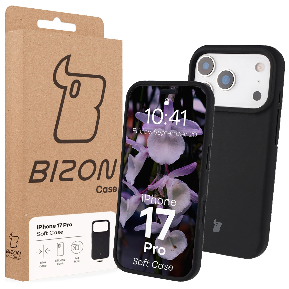 Przód pudełka Bizon Case z dedykowaną etykietą do Apple iPhone 17 Pro