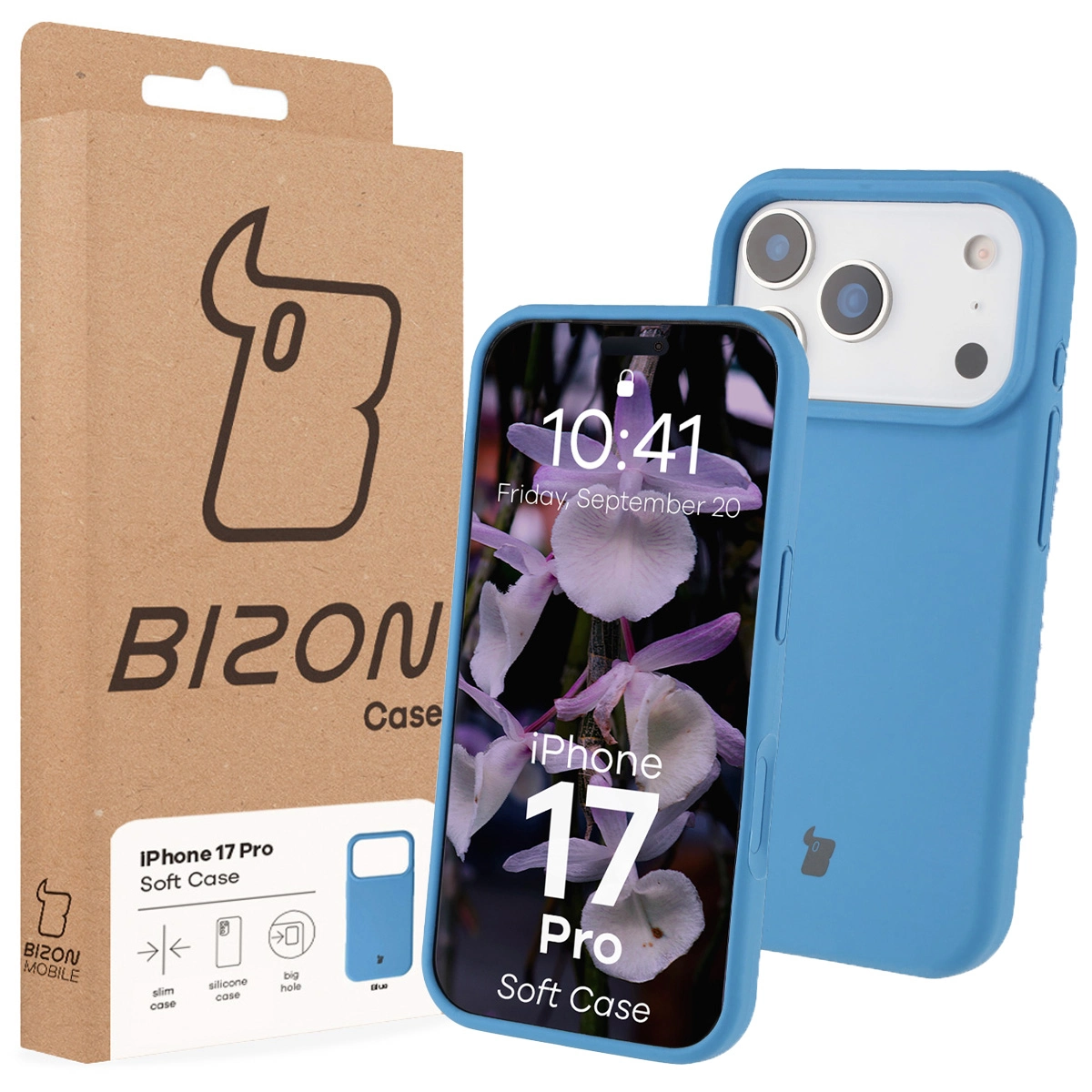 Przód pudełka Bizon Case z dedykowaną etykietą do Apple iPhone 17 Pro