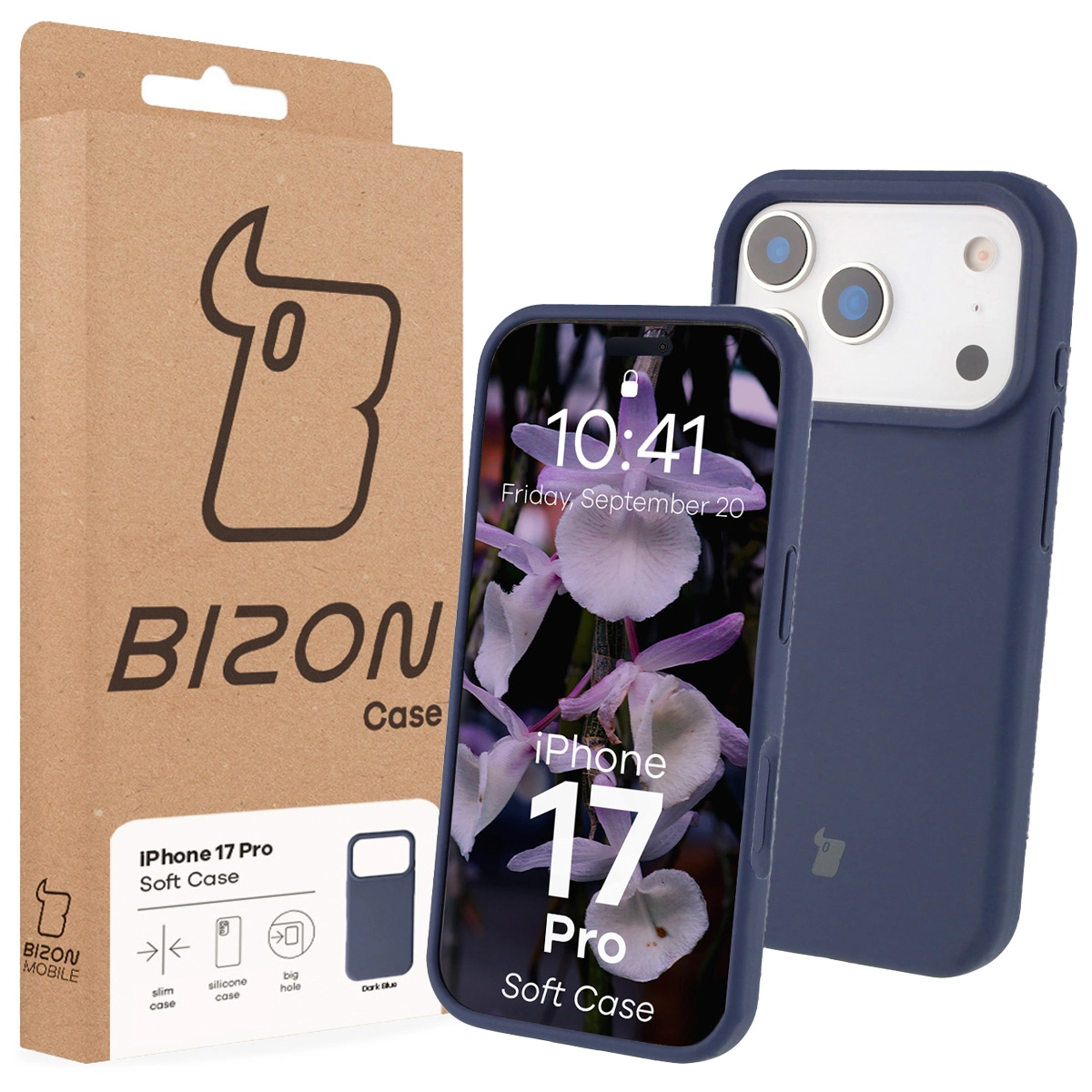 Przód pudełka Bizon Case z dedykowaną etykietą do Apple iPhone 17 Pro