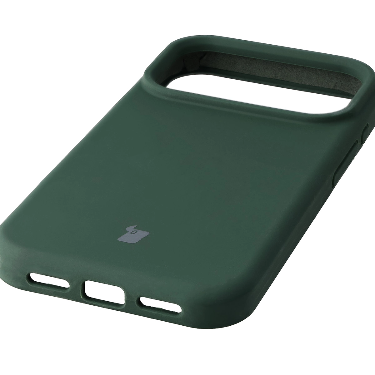 Zbliżenie na precyzyjne wycięcia i możliwość ładowania indukcyjnego w etui Bizon Soft Case do Apple iPhone 17 Pro