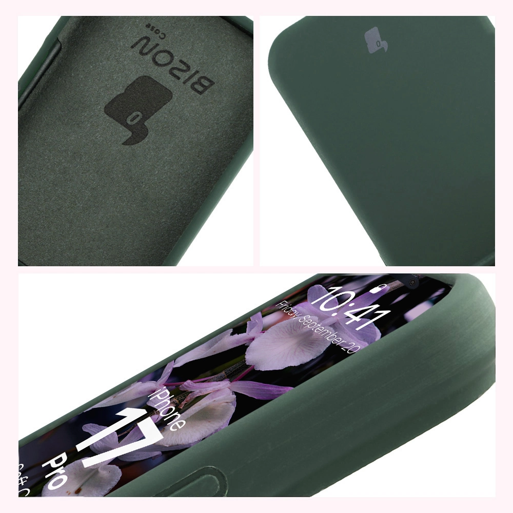 Konstrukcja etui Bizon Soft Case: zintegrowane osłony, podwyższone krawędzie i wyściółka z mikrofibry do Apple iPhone 17 Pro