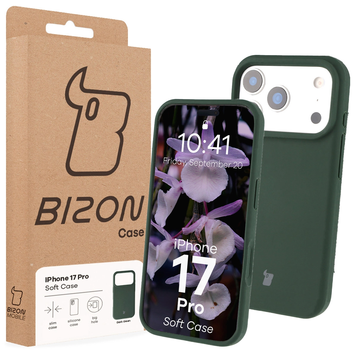Przód pudełka Bizon Case z dedykowaną etykietą do Apple iPhone 17 Pro