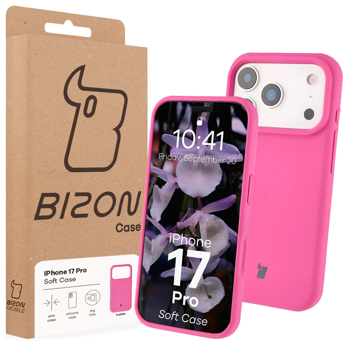 Przód pudełka Bizon Case z dedykowaną etykietą do Apple iPhone 17 Pro