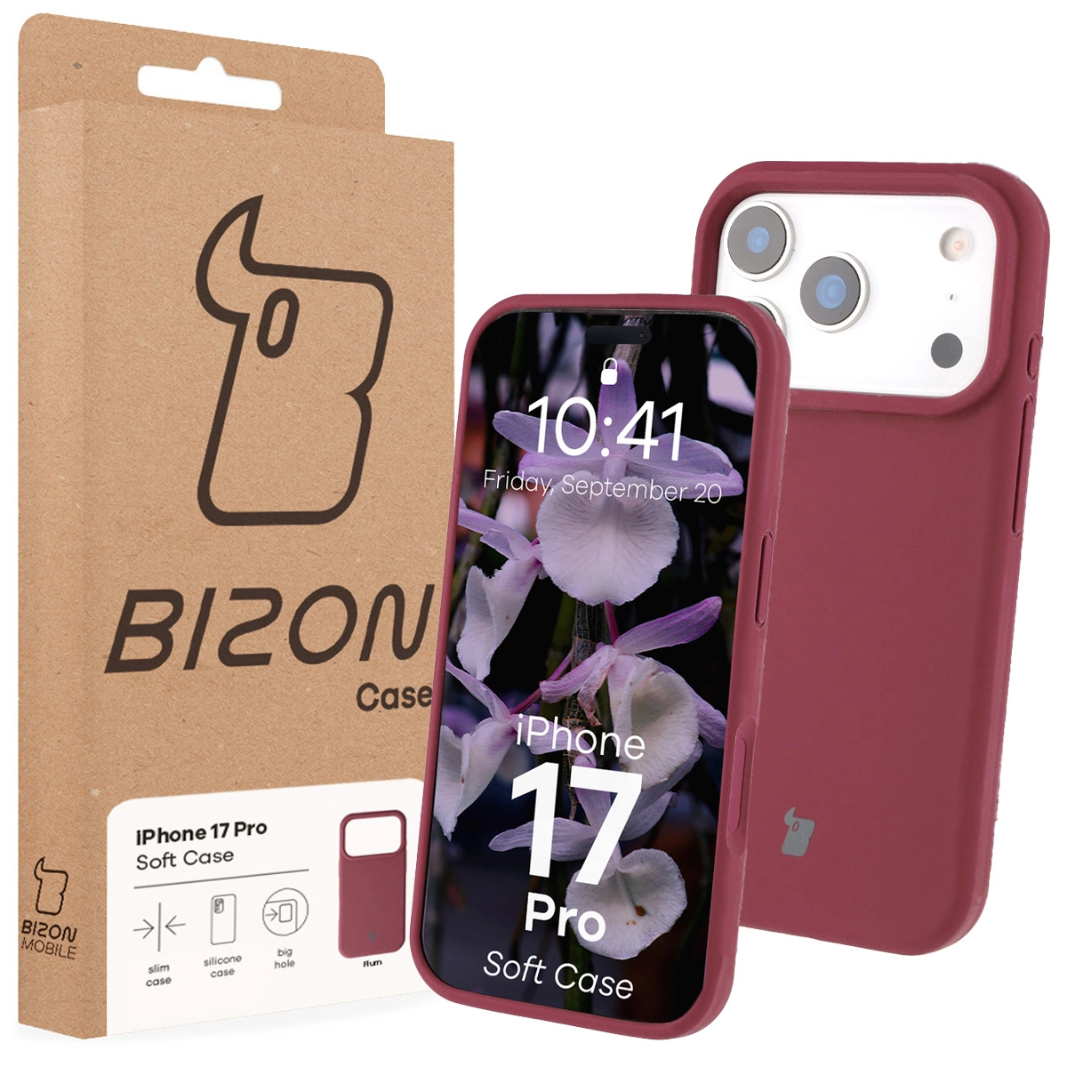Przód pudełka Bizon Case z dedykowaną etykietą do Apple iPhone 17 Pro