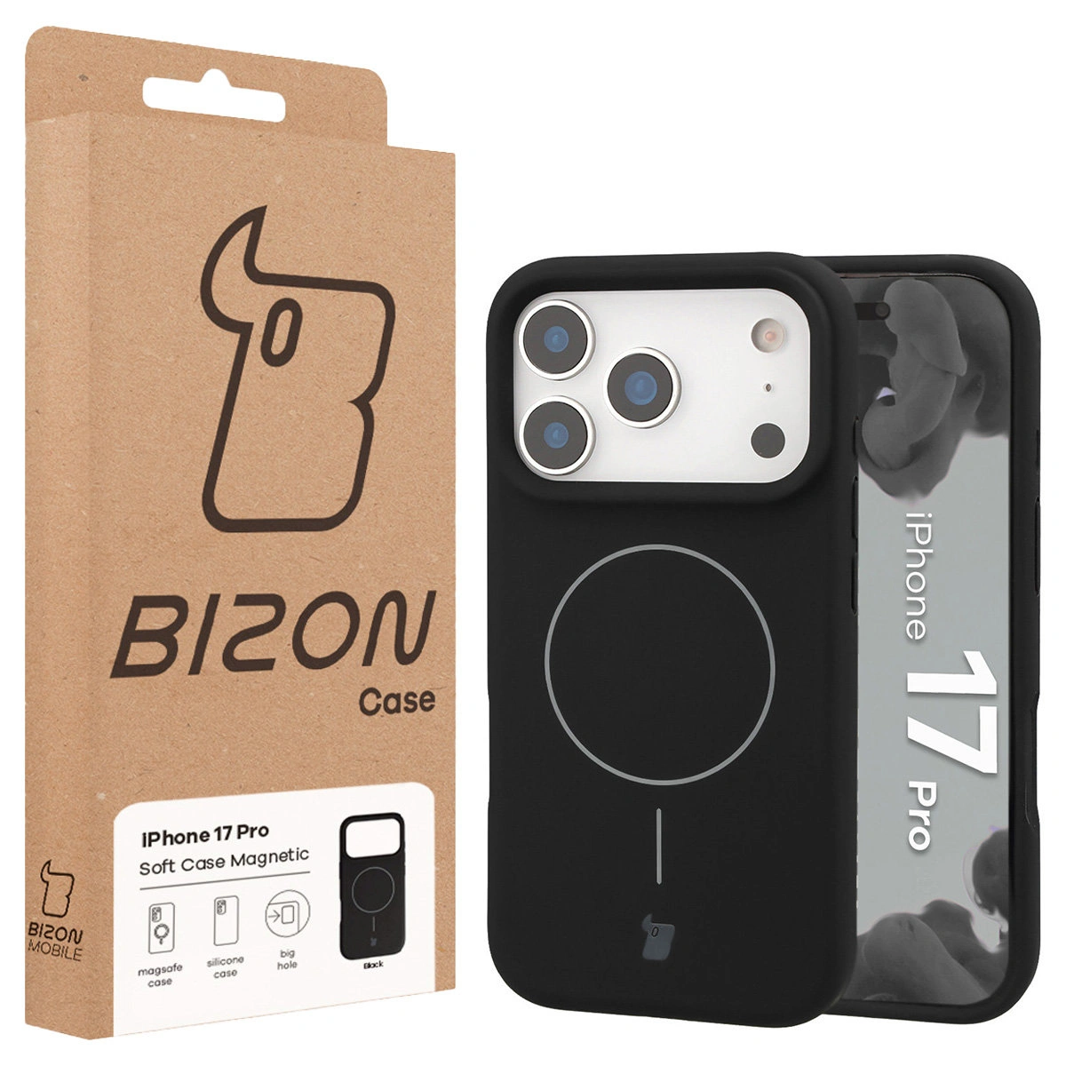 Przód pudełka Bizon Case z dedykowaną etykietą do Apple iPhone 17 Pro