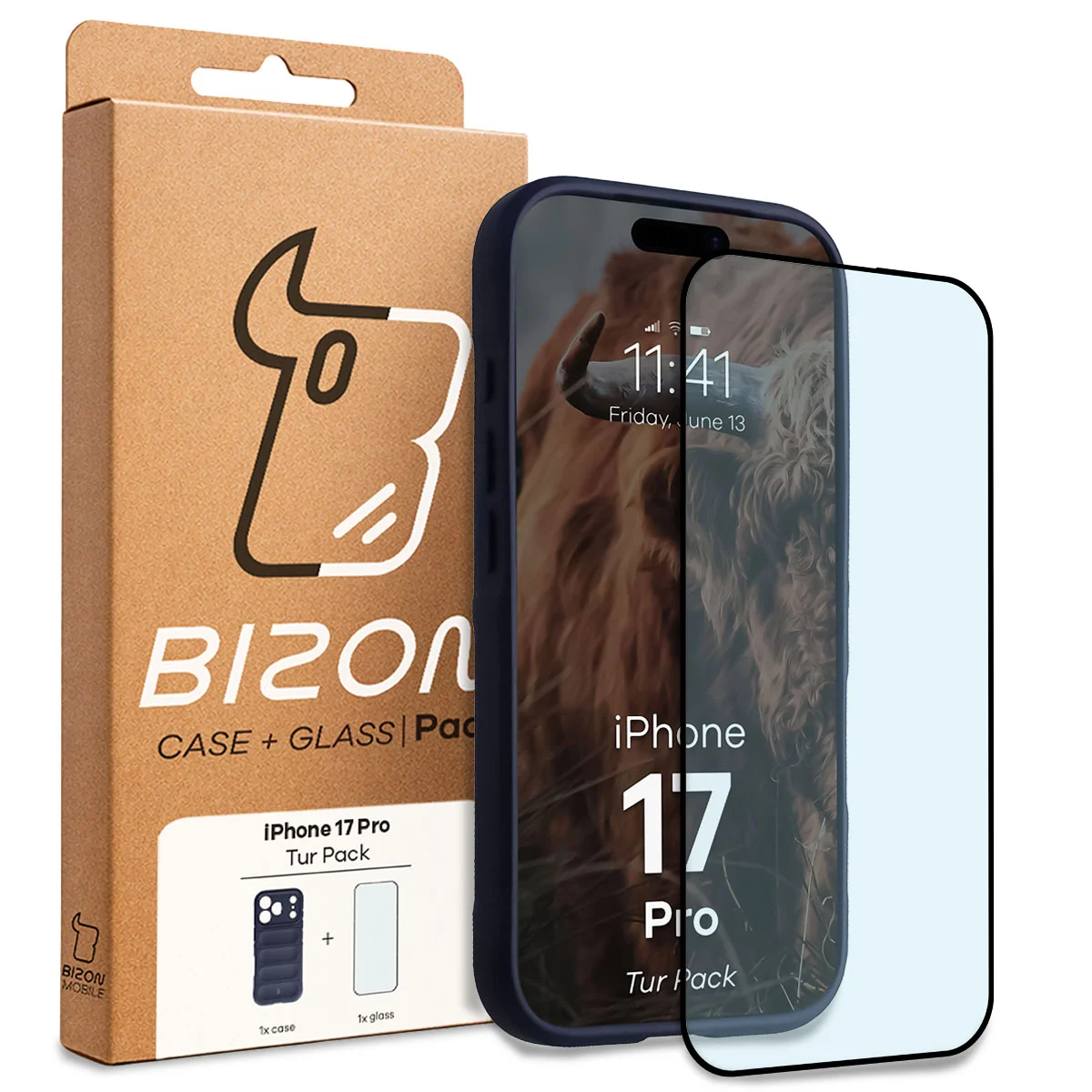 Przód pudełka Bizon Tur Pack z dedykowaną etykietą do Apple iPhone 17 Pro