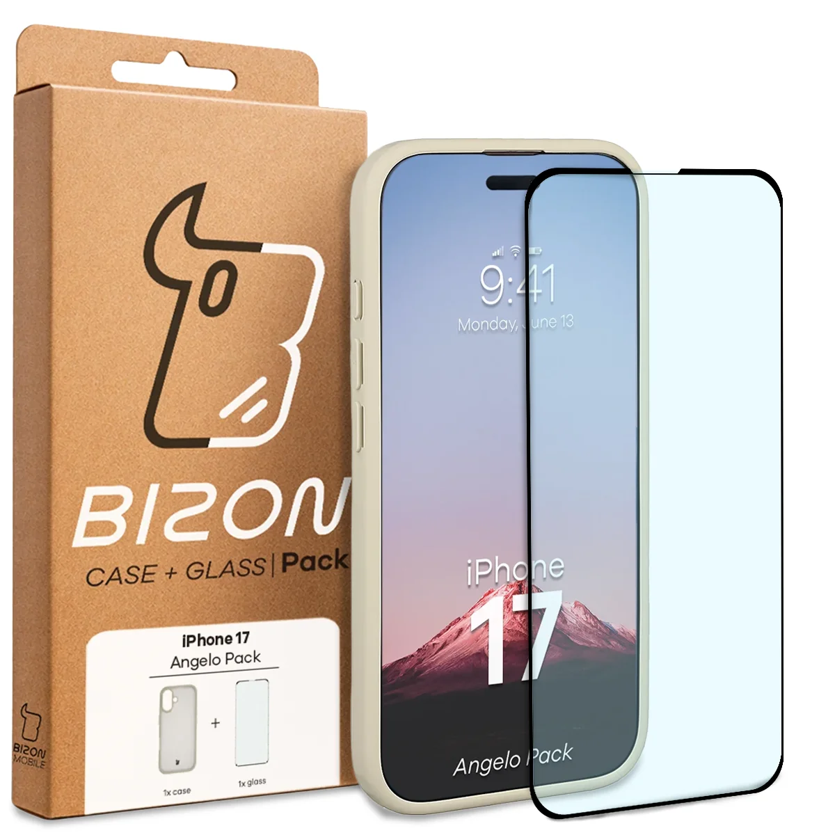 Przód pudełka Bizon Case Angelo Pack z dedykowaną etykietą do Apple iPhone 17