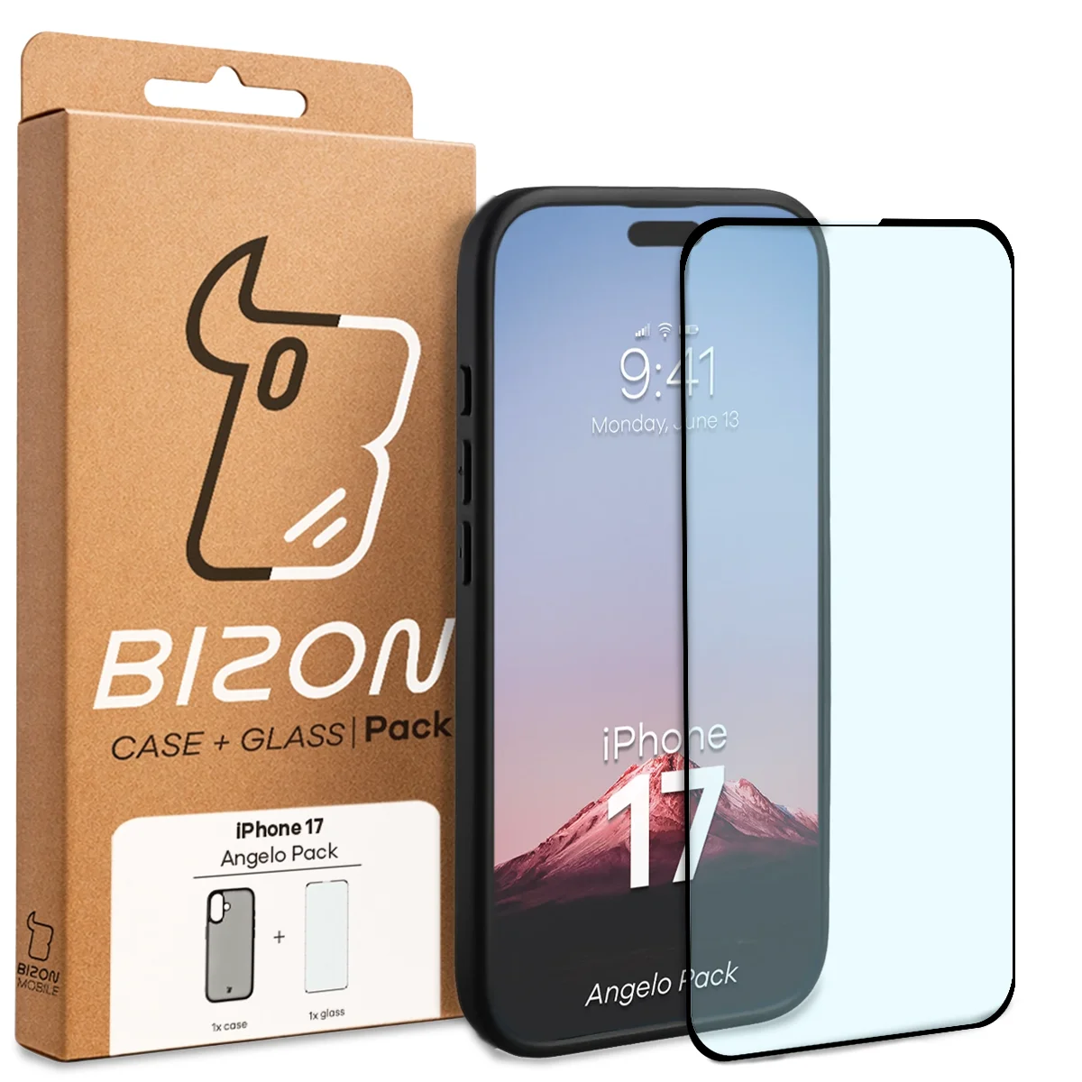 Przód pudełka Bizon Case Angelo Pack z dedykowaną etykietą do Apple iPhone 17