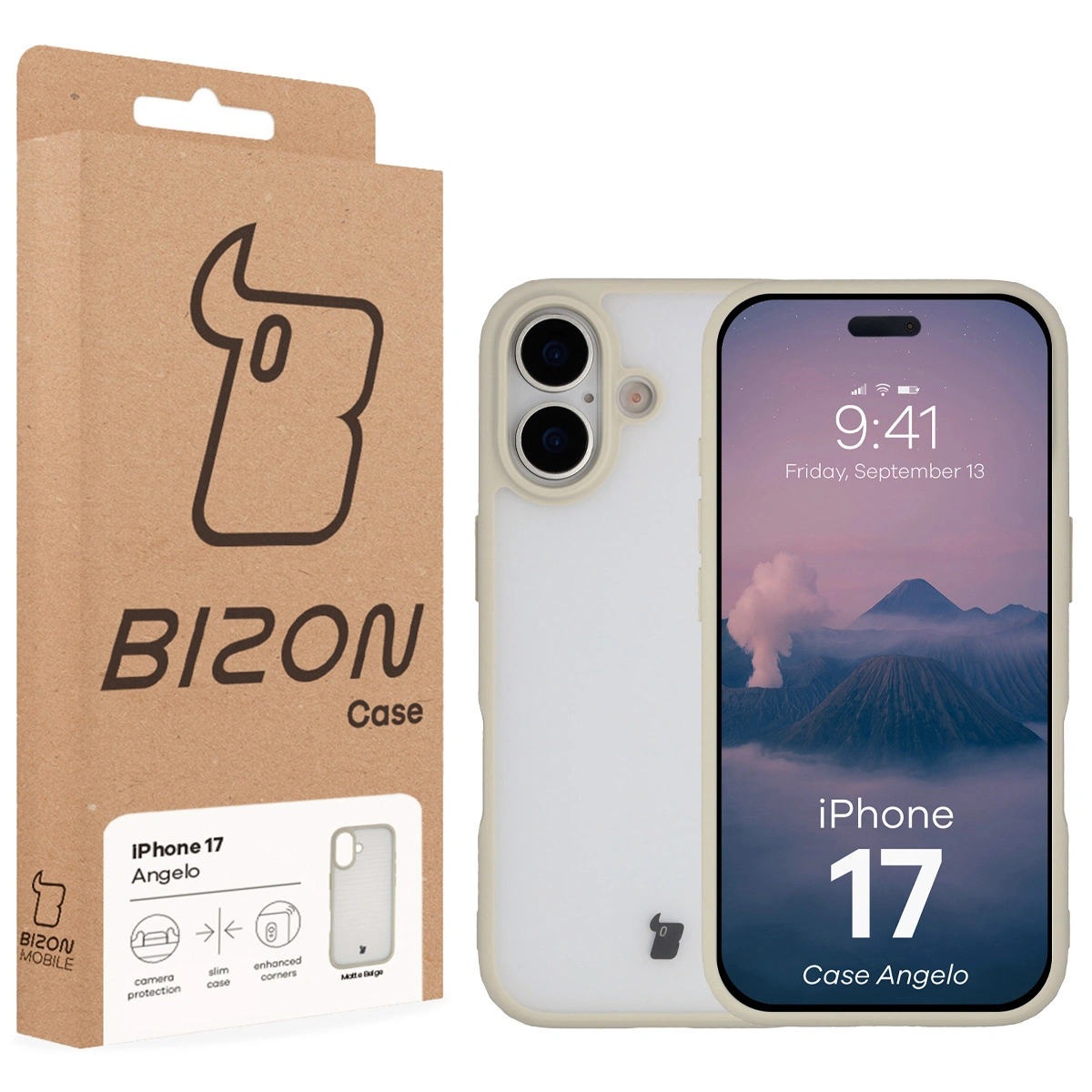 Fața cutiei Bizon Case cu eticheta dedicată pentru Apple iPhone 17