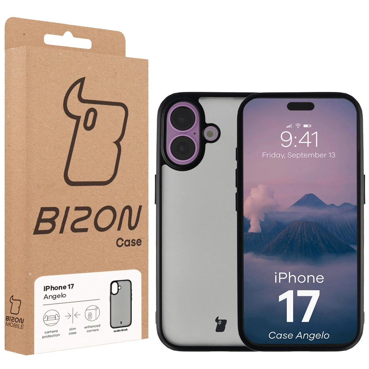 Fața cutiei Bizon Case cu etichetă dedicată pentru Apple iPhone 17