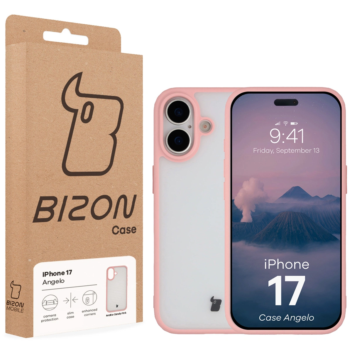 Fața cutiei Bizon Case cu eticheta dedicată pentru Apple iPhone 17