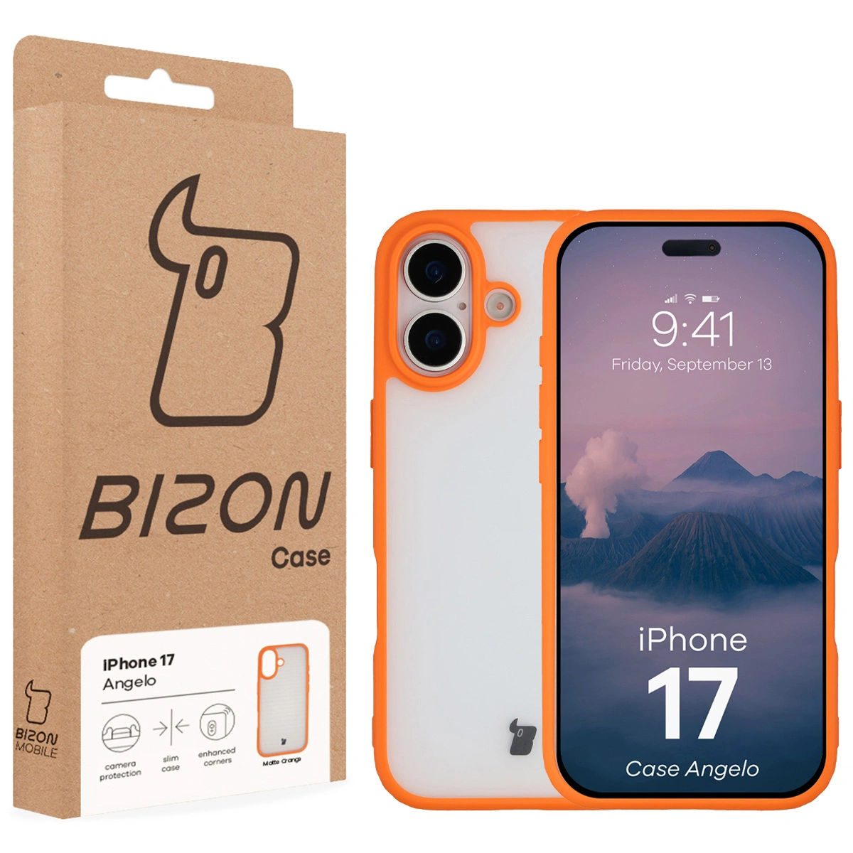 Fața cutiei Bizon Case cu eticheta dedicată pentru Apple iPhone 17