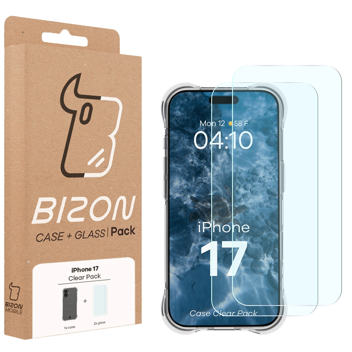 Front of the Bizon Case+Glass box with a dedicated label for Apple iPhone 17