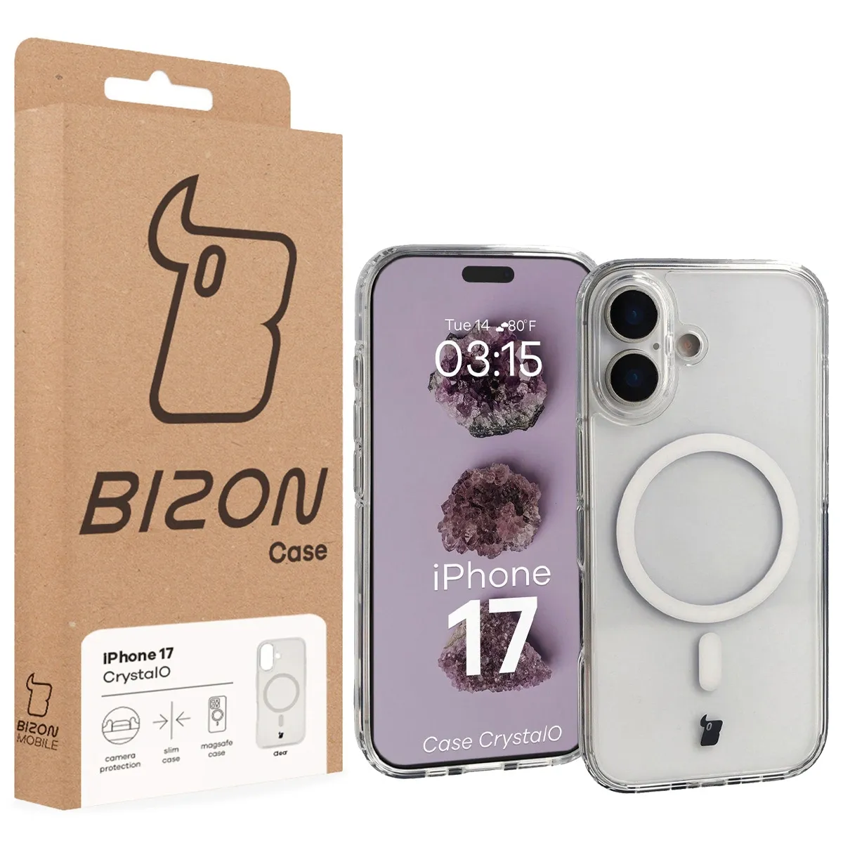 Front of the Bizon Case box with a dedicated label for Apple iPhone 17
