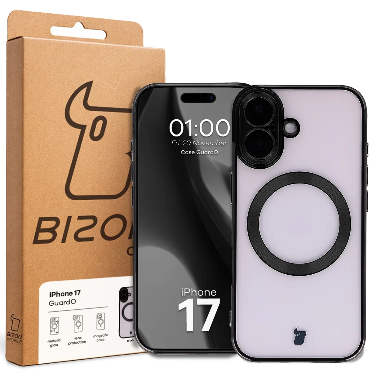 Front of the Bizon Case box with a dedicated label for Apple iPhone 17
