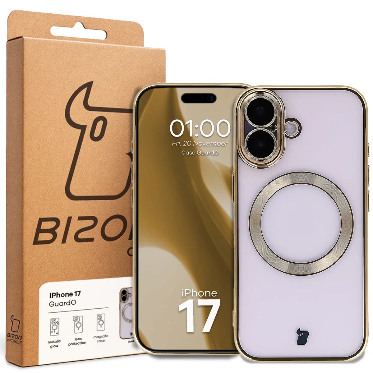 Front of the Bizon Case box with a dedicated label for Apple iPhone 17