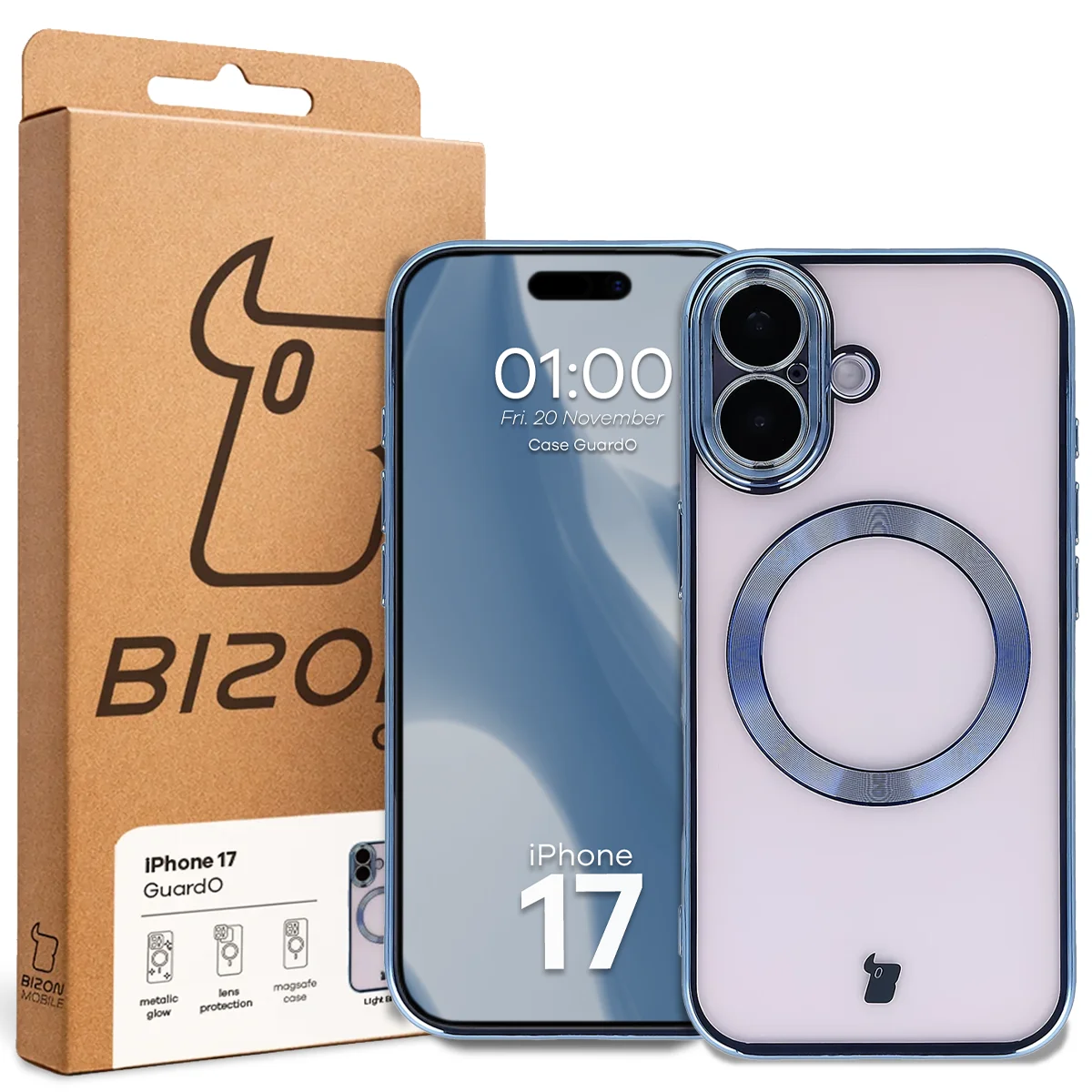 Front of the Bizon Case box with a dedicated label for Apple iPhone 17