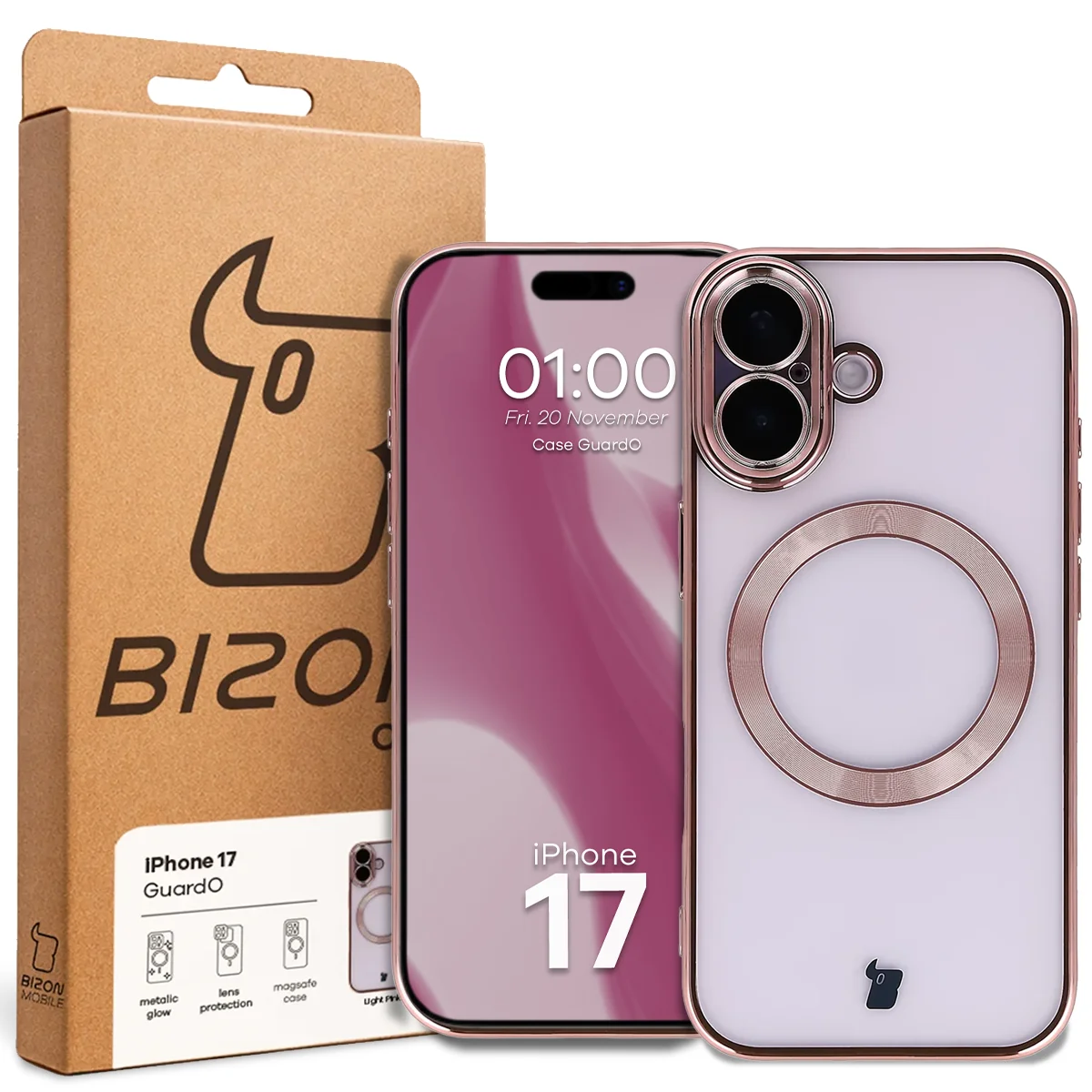 Front of the Bizon Case box with a dedicated label for Apple iPhone 17