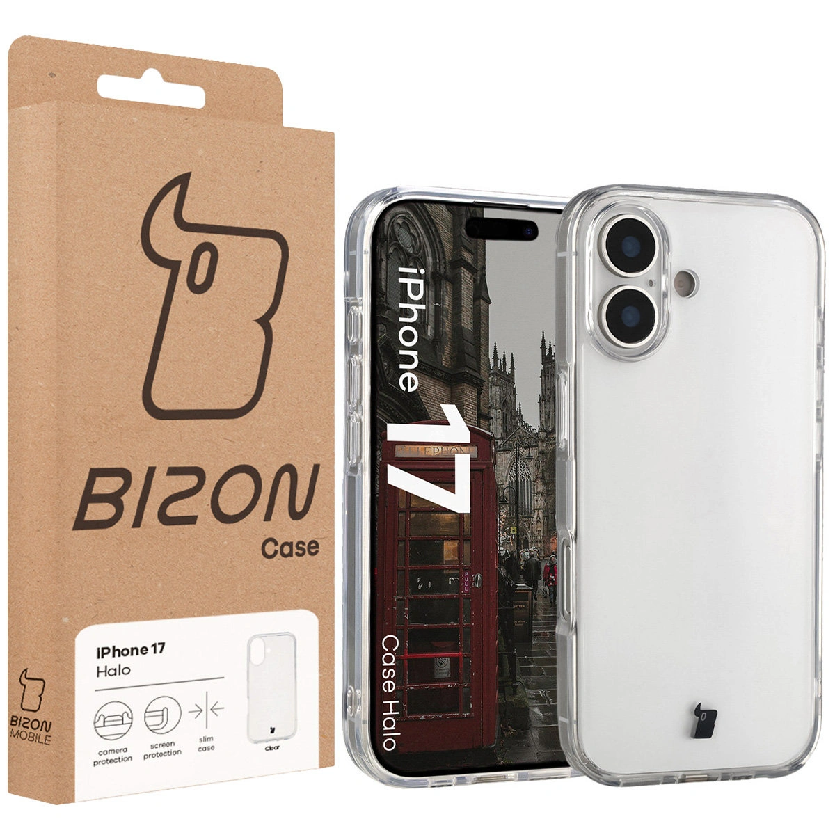 Przód pudełka Bizon Case z dedykowaną etykietą do Apple iPhone 17